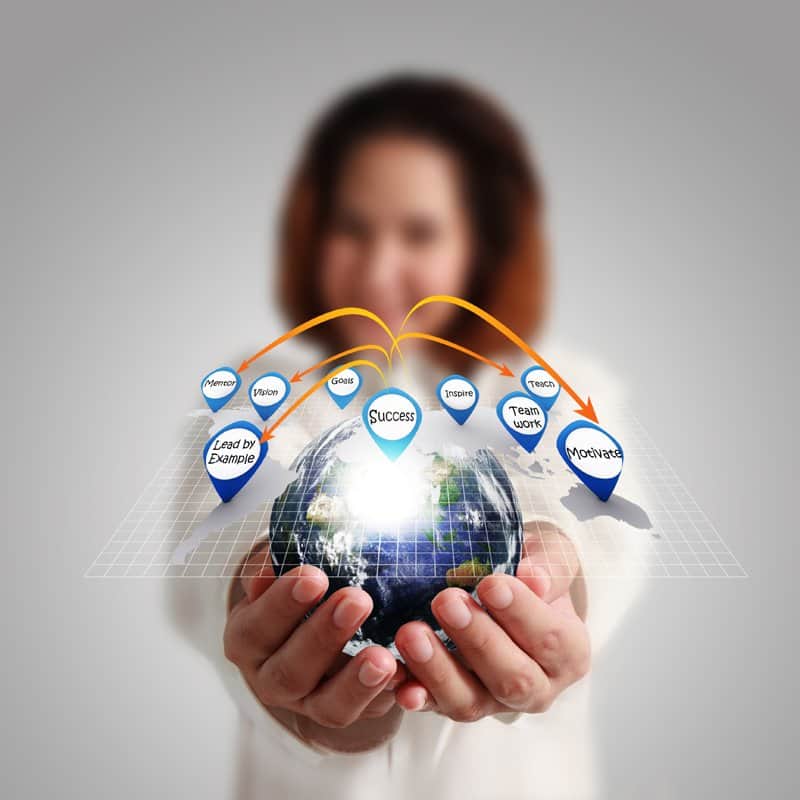 Businesswoman hand holds globe and social network"Elements of th