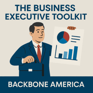 Illustration of a professional middle-aged man in a navy suit holding a briefcase and a presentation board with a pie chart and bar graph, representing The Business Executive Toolkit by Backbone America.