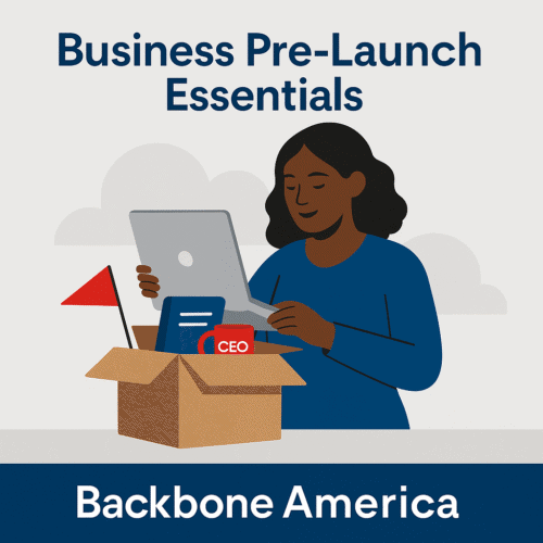 Illustration of a smiling Black woman packing a cardboard box with business essentials like a laptop, planner, and red CEO mug, representing Backbone America’s Business Pre-Launch Essentials.