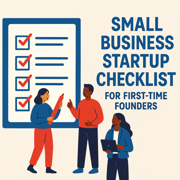 Flat-style digital illustration featuring three diverse people reviewing a large checklist beside the title "Small Business Startup Checklist for First-Time Founders."