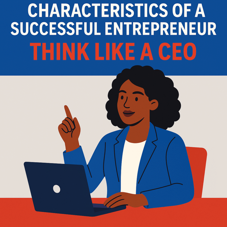 Flat design illustration of a confident Black woman in a blue blazer sitting at a red desk with a laptop, raising one finger as if making a point.