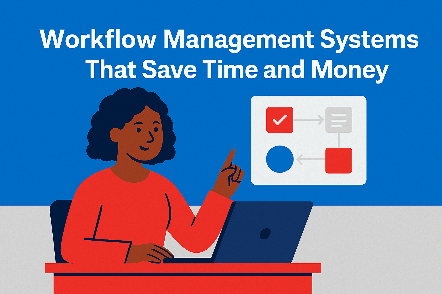 Flat design illustration of a smiling Black woman in a red top pointing at a digital workflow diagram while working on a laptop at a red desk.