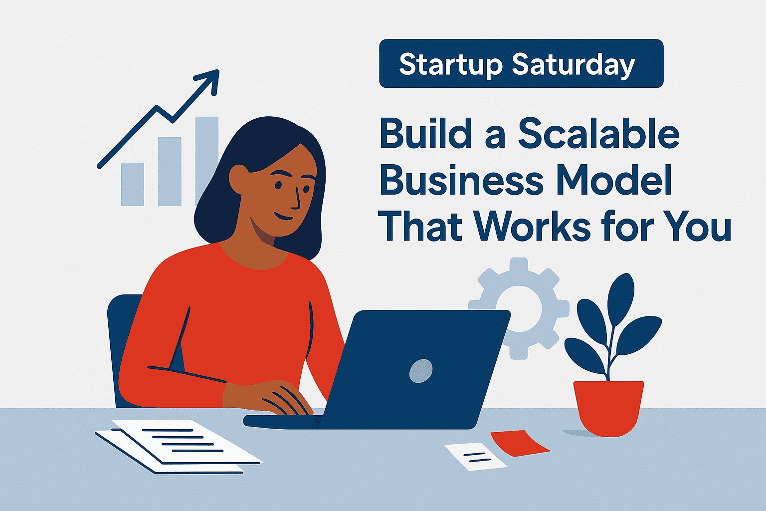 A confident businesswoman at her desk mapping out a scalable business model on a digital whiteboard, using modern flat-style illustration with clean, uncluttered layout.