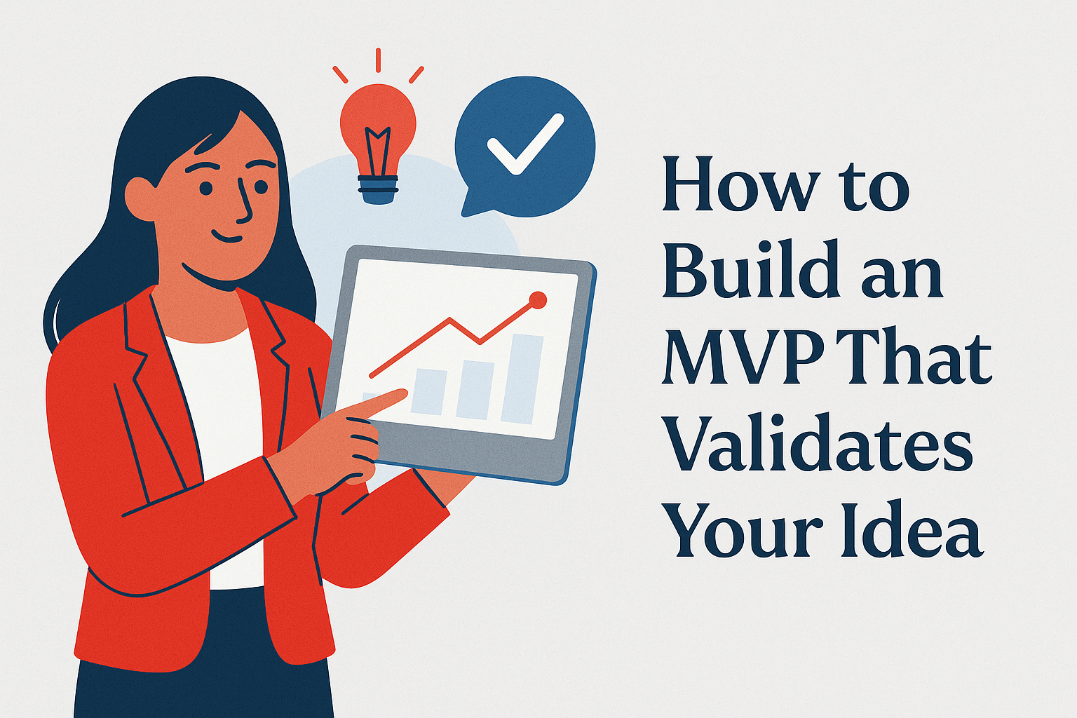 Flat-style illustration of a confident businesswoman working on her MVP (minimum viable product) with a laptop and idea board in a modern workspace.