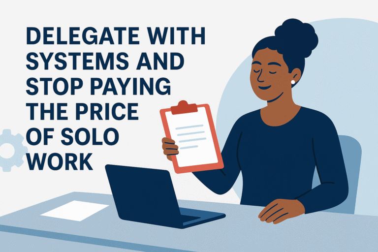 Flat-style illustration of a confident Black woman sitting at a desk with a laptop, holding a red clipboard, alongside the blog title text “Delegate with Systems and Stop Paying the Price of Solo Work.”