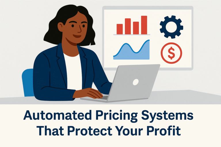Flat-style illustration of a confident Black woman in a navy blazer working on a laptop, with graphs, gears, and a dollar sign icon in the background, alongside the blog title “Automated Pricing Systems That Protect Your Profit.”