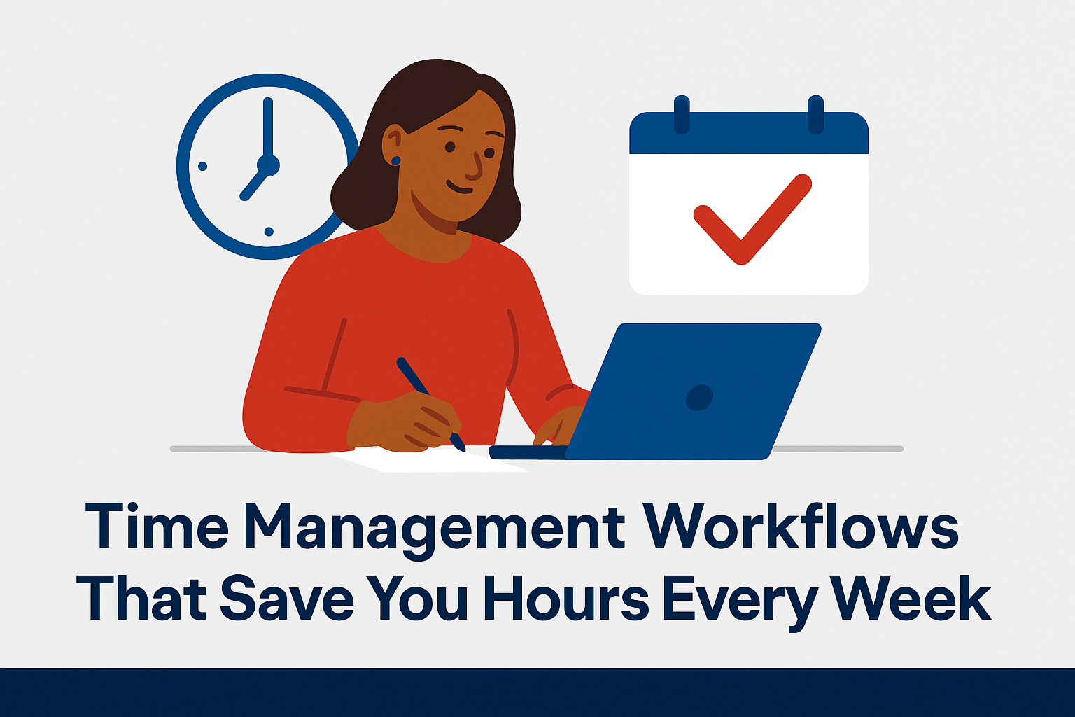 Flat-style illustration of a confident entrepreneur at a desk with a laptop, checklist, and large clock in the background, with the blog title “Time Management Workflows That Save You Hours Every Week.”